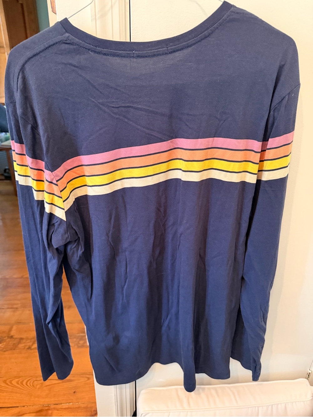 Marine Layer Navy Crewneck Sweater with Pink, Yellow and Cream Stripes - Picture 3 of 4